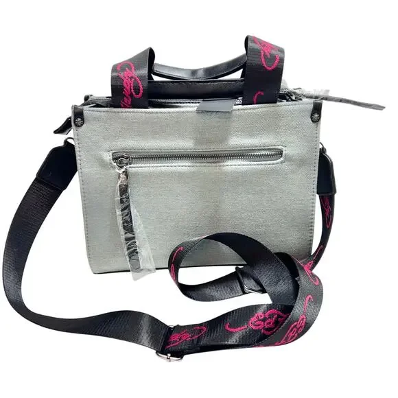 Ed Hardy Denim Tote Crossbody Satchel Bag Denim Pink Tattoo Skull Rhinestones - Picture 3 of 12
